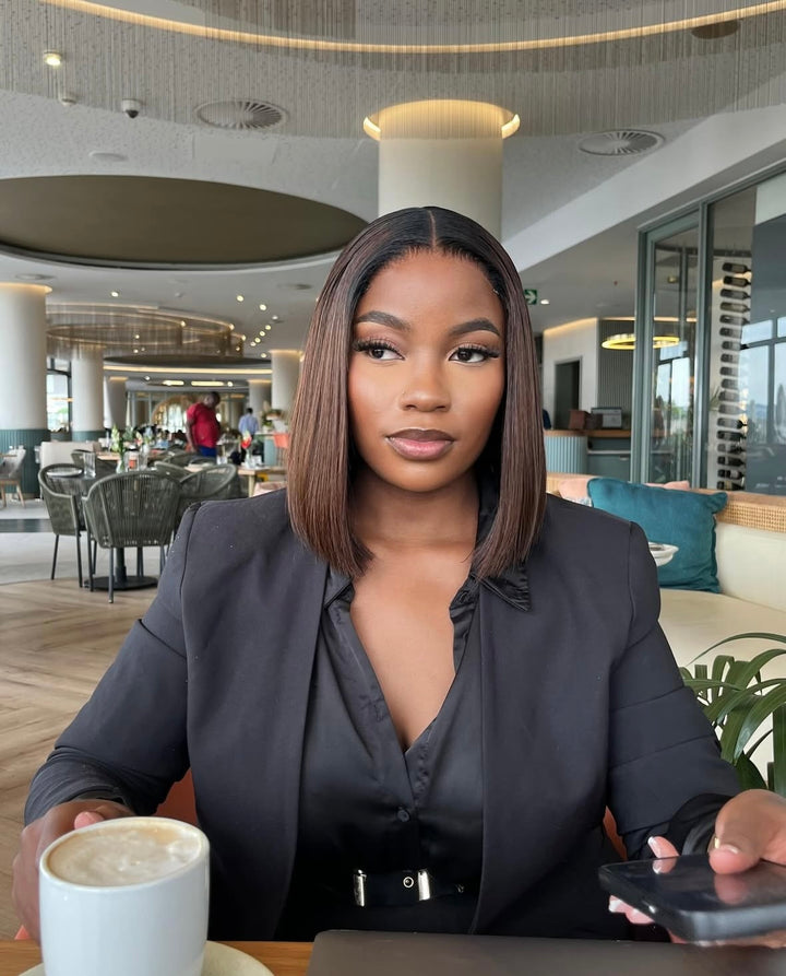 8" Brwon Pre-cut Sleek Vietnamese Bob Wig - Glueless & Ready to Wear